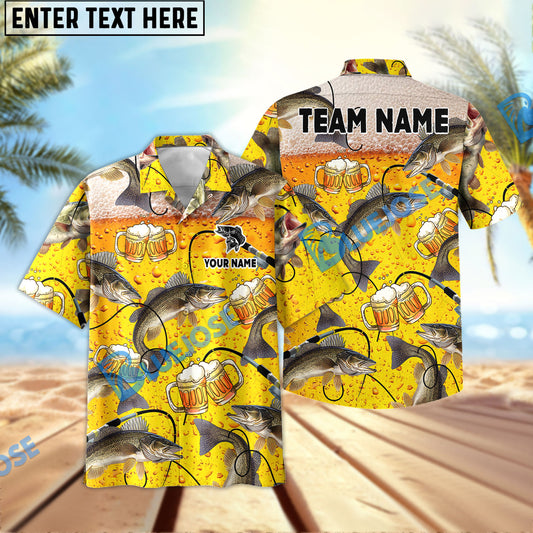 Bluejose Walleye Fishing Beer Swimming Custom Name & Team Name 3D Shirts