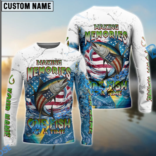 Bluejose Tuna Fishing Patriotic Splash ‚ÄúMaking Memories One Fish At A Time‚Äù Custom Name & Team Name 3D Shirts