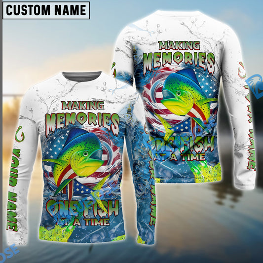 Bluejose Mahi-mahi Fishing Patriotic Splash ‚ÄúMaking Memories One Fish At A Time‚Äù Custom Name & Team Name 3D Shirts