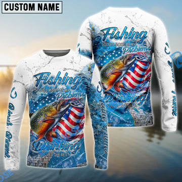 Bluejose Trout Fishing Beer & Fishing Flag Quote ‚ÄúFishing solves most of my problems, drinking solves the rest‚Äù Dynamic Strike Pattern Custom Name & Team Name 3D Shirts