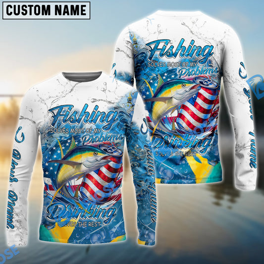 Bluejose Tuna Fishing Beer & Fishing Flag Quote ‚ÄúFishing solves most of my problems, drinking solves the rest‚Äù Dynamic Strike Pattern Custom Name & Team Name 3D Shirts