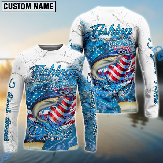 Bluejose Marlin Fishing Beer & Fishing Flag Quote ‚ÄúFishing solves most of my problems, drinking solves the rest‚Äù Dynamic Strike Pattern Custom Name & Team Name 3D Shirts