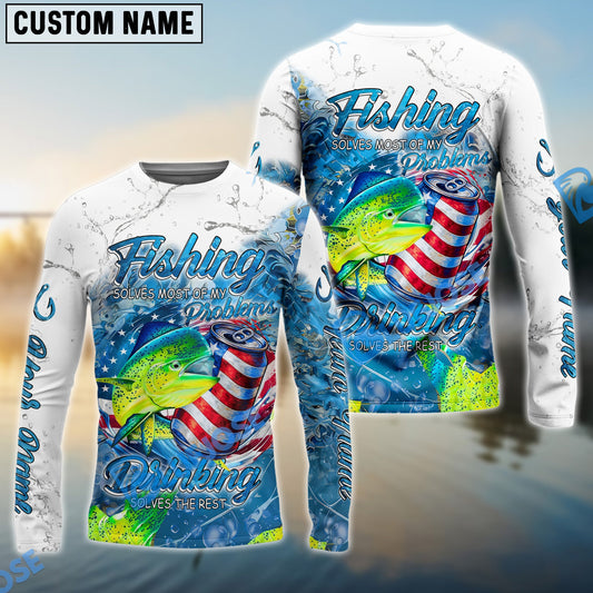 Bluejose Mahi-mahi Fishing Beer & Fishing Flag Quote ‚ÄúFishing solves most of my problems, drinking solves the rest‚Äù Dynamic Strike Pattern Custom Name & Team Name 3D Shirts
