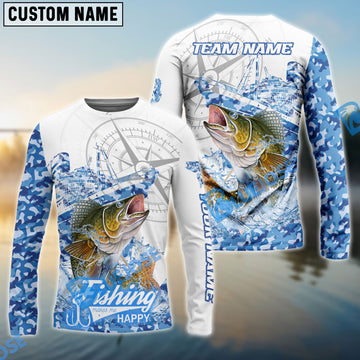 Bluejose Walleye Fishing Blue Camouflage Compass Hook Design Pattern Custom Name & Team Name 3D Shirts