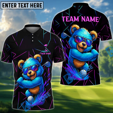 BlueJose Neon Bear Golf Polo Shirt, Customized Name & Team Name 3D Shirts (4 Colors)