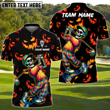 BlueJose Halloween Skeleton Golf Polo Shirt, Customized Name & Team Name 3D Shirts (4 Colors)