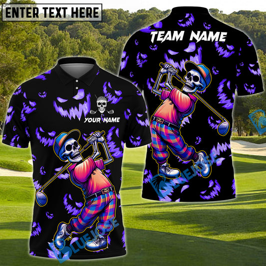 BlueJose Halloween Skeleton Golf Polo Shirt, Customized Name & Team Name 3D Shirts (4 Colors)