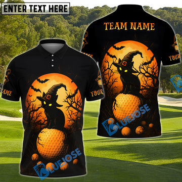BlueJose Halloween Black Cat Golf Polo Shirt, Customized Name & Team Name 3D Shirts (4 Colors)