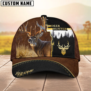 BlueJose Hunting Brown Leather Style Multicolor Options Personalized Name 3D Cap (6 color)