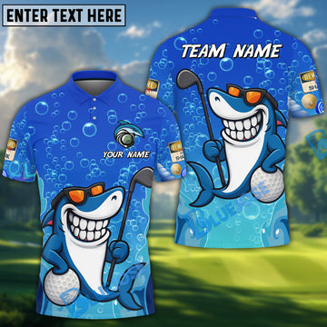 BlueJose Funny Golf Shark Polo Shirt, Custom Name & Team Name Golf 3D Shirts