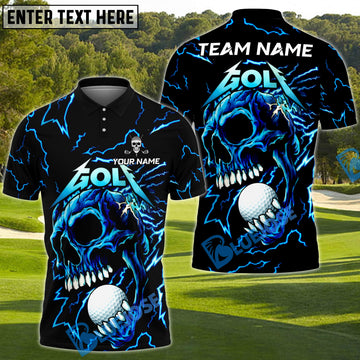 BlueJose Thunder Skull Golf Polo Shirt, Customized Name & Team Name 3D Shirts (4 Colors)