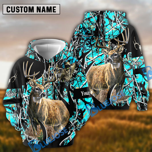 BlueJose Cyan Camo Deer Hunter Hoodie Personalized 3D Hoodie For Hunting Lover