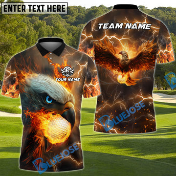 BlueJose Flaming Eagle Golf Polo Shirt, Customized Name & Team Name 3D Shirts (4 Colors)