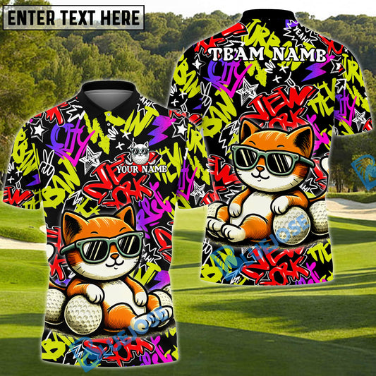 BlueJose Cool Cat Swing Golf Polo Shirt, Customized Name & Team Name 3D Shirts (4 Colors)