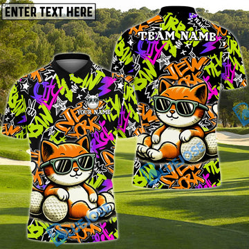 BlueJose Cool Cat Swing Golf Polo Shirt, Customized Name & Team Name 3D Shirts (4 Colors)