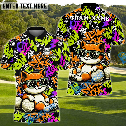 BlueJose Cool Cat Swing Golf Polo Shirt, Customized Name & Team Name 3D Shirts (4 Colors)