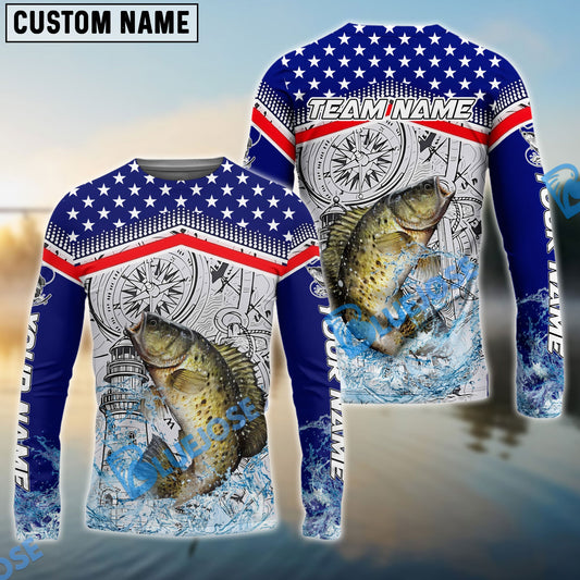 Bluejose Crappie Fishing American Anchor Compass Lighthouse Graphic Custom Name & Team Name 3D Shirts