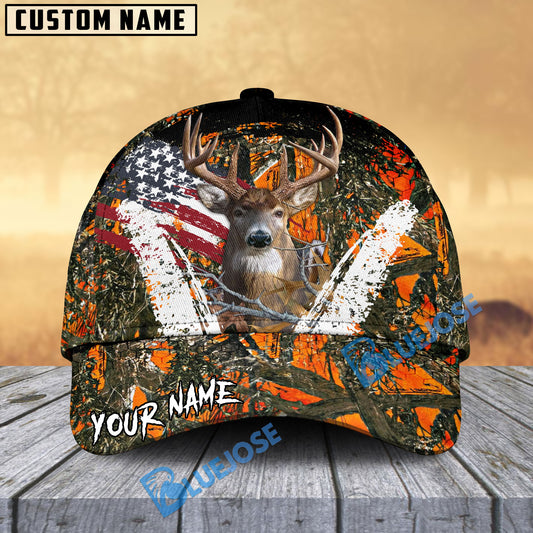 BlueJose Deer American Flag Scratch Camo Multicolor Options Personalized Name 3D Cap