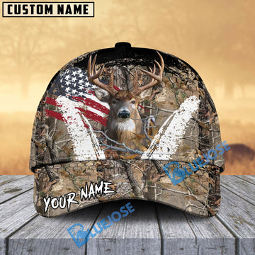 BlueJose Deer American Flag Scratch Camo Multicolor Options Personalized Name 3D Cap