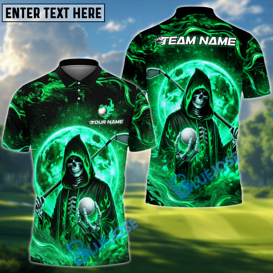 BlueJose Grim Reaper Fire Golf Polo Shirt, Customized Name & Team Name 3D Shirts (4 Colors)