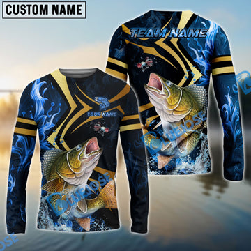 Bluejose Walleye Fishing Blue Ocean Wave & Gold Geometric Custom Name & Team Name 3D Shirts