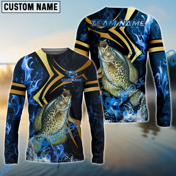 Bluejose Crappie Fishing Blue Ocean Wave & Gold Geometric Custom Name & Team Name 3D Shirts