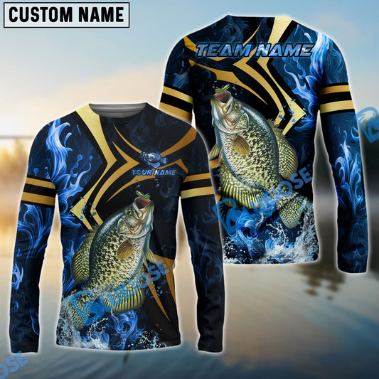 Bluejose Crappie Fishing Blue Ocean Wave & Gold Geometric Custom Name & Team Name 3D Shirts
