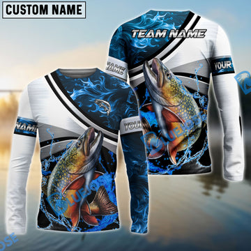 Bluejose Trout Fishing Grey Diagonal Stripe & Blue Flame Water Splash Custom Name & Team Name 3D Shirts