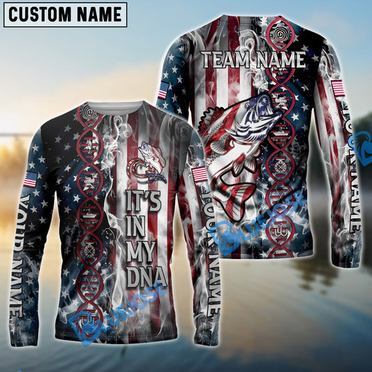 Bluejose Bass Fishing American Flag Smoke & Red DNA Helix Firefighter Icons Custom Name & Team Name 3D Shirts