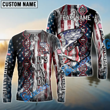 Bluejose Trout Fishing American Flag Smoke & Red DNA Helix Firefighter Icons Custom Name & Team Name 3D Shirts