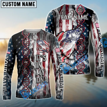 Bluejose Crappie Fishing American Flag Smoke & Red DNA Helix Firefighter Icons Custom Name & Team Name 3D Shirts