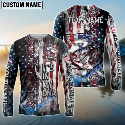 Bluejose Catfish Fishing American Flag Smoke & Red DNA Helix Firefighter Icons Custom Name & Team Name 3D Shirts