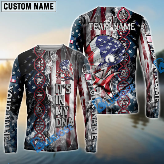 Bluejose Mahi-Mahi Fishing American Flag Smoke & Red DNA Helix Firefighter Icons Custom Name & Team Name 3D Shirts