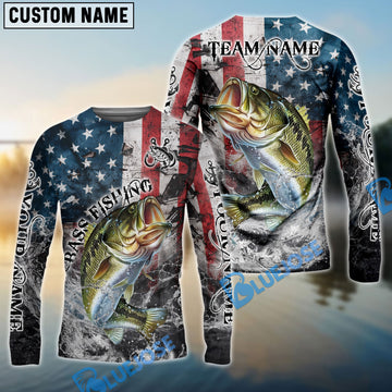 Bluejose Bass Fishing American Flag Vintage Splash Art Custom Name & Team Name 3D Shirts