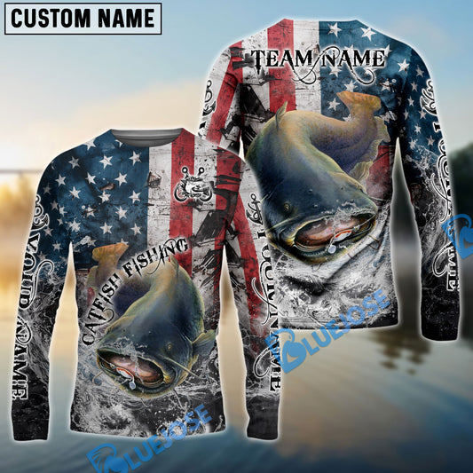 Bluejose Catfish Fishing American Flag Vintage Splash Art Custom Name & Team Name 3D Shirts