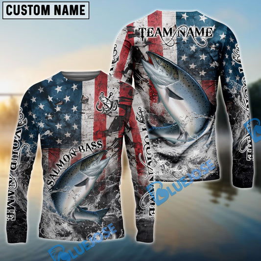 Bluejose Chinook Salmon Fishing American Flag Vintage Splash Art Custom Name & Team Name 3D Shirts