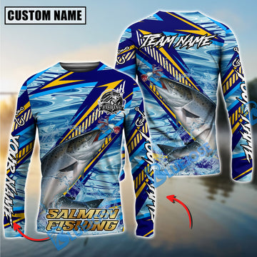 Bluejose Salmon Fishing Yellow Blue Lightning Pattern Design Custom Name & Team Name 3D Shirts
