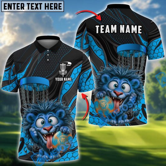 BlueJose Lion Disc Golf Player Funny Cartoon Expression Personalized Name, Team Name 3D Shirt (4 Colors)