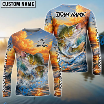 Bluejose Walleye Fishing Ocean Sunset Wave Custom Name & Team Name 3D Shirts