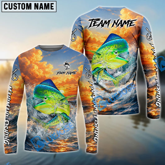 Bluejose Mahi-mahi Fishing Ocean Sunset Wave Custom Name & Team Name 3D Shirts