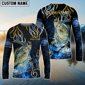 Bluejose Crappie Fishing Flame Dark Blue Luxury Pattern Custom Name & Team Name 3D Shirts