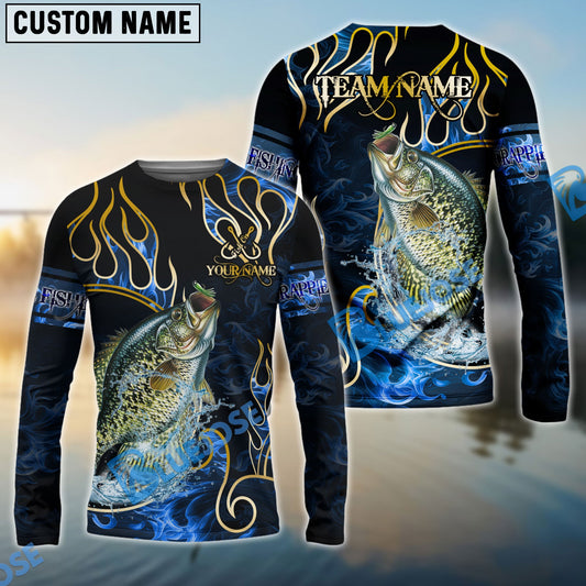 Bluejose Crappie Fishing Flame Dark Blue Luxury Pattern Custom Name & Team Name 3D Shirts