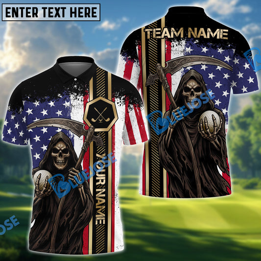 BlueJose Grim Reaper Patriot Golf Polo Customized Name, Team Name 3D Shirts