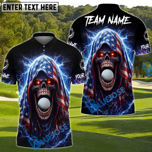 BlueJose Patriot Skull Thunder Golf Polo Customized Name, Team Name 3D Shirts