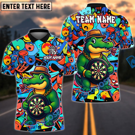 BlueJose Darts Crocodile Tough Cartoon Dartboard Design Personalized Name, Team Name Unisex Shirt (4 Colors)