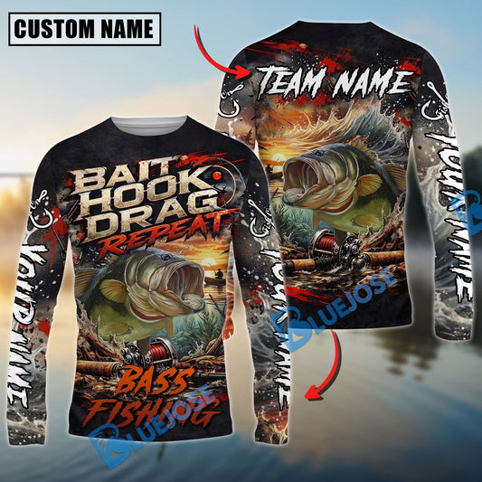 Bluejose Bass Fishing Bait Hook Drag Repeat Custom Name & Team Name 3D Shirts