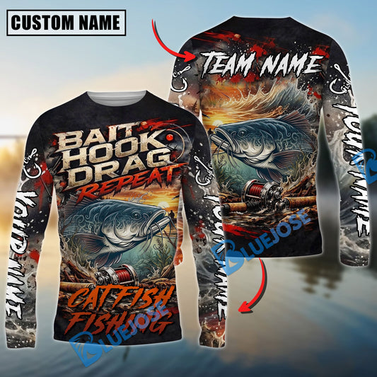 Bluejose Catfish Fishing Bait Hook Drag Repeat Custom Name & Team Name 3D Shirts