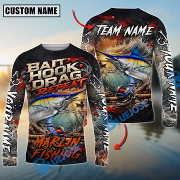 Bluejose Marlin Fishing Bait Hook Drag Repeat Custom Name & Team Name 3D Shirts