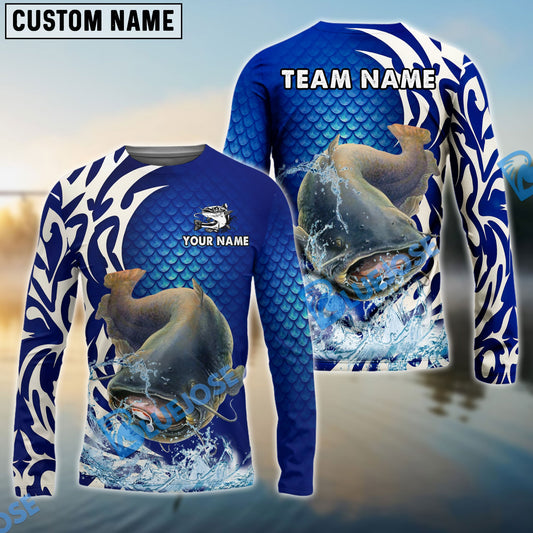 Bluejose Catfish Fishing Scale Pattern Tribal Style Custom Name & Team Name 3D Shirts