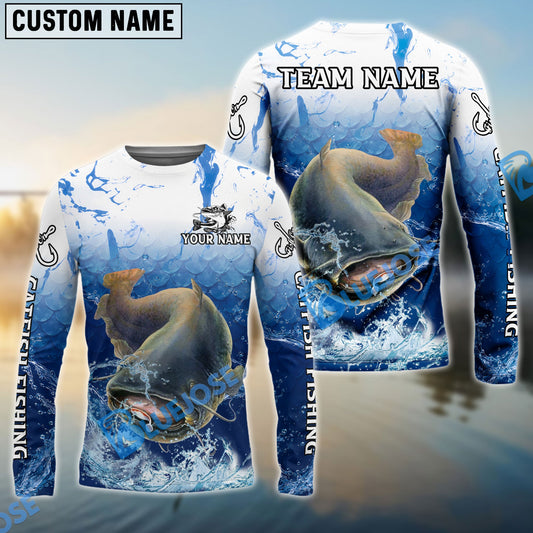 Bluejose Catfish Fishing Ocean Scale Gradient Splash Design Custom Name & Team Name 3D Shirts